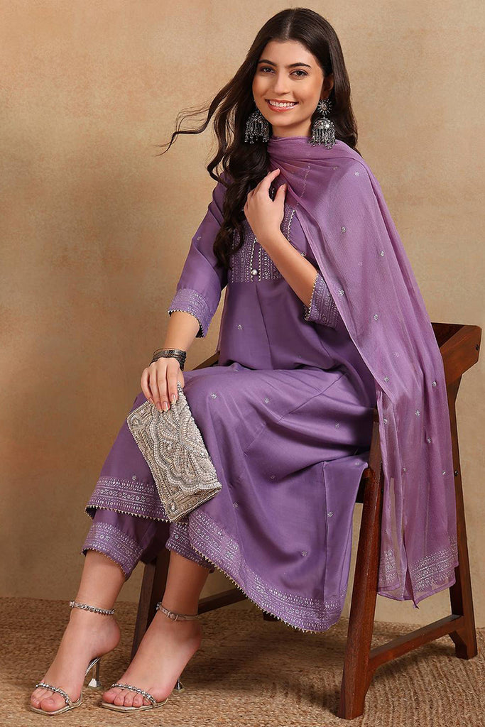 Lavender Silk Blend Anarkali Woven Design Kurta Pant With Dupatta VKSKD1779