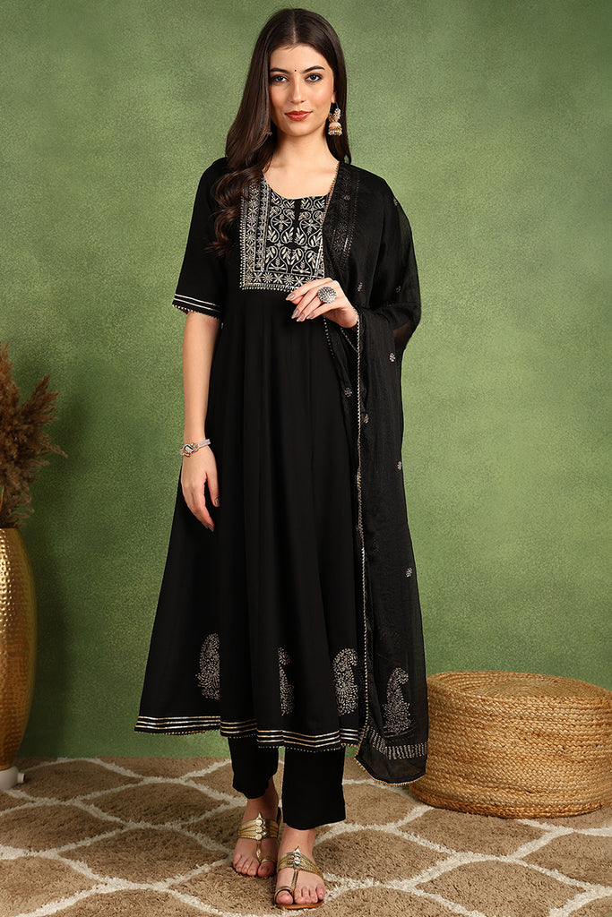 Black Silk Blend Anarkali Yoke Design Kurta Pant With Dupatta VKSKD1782