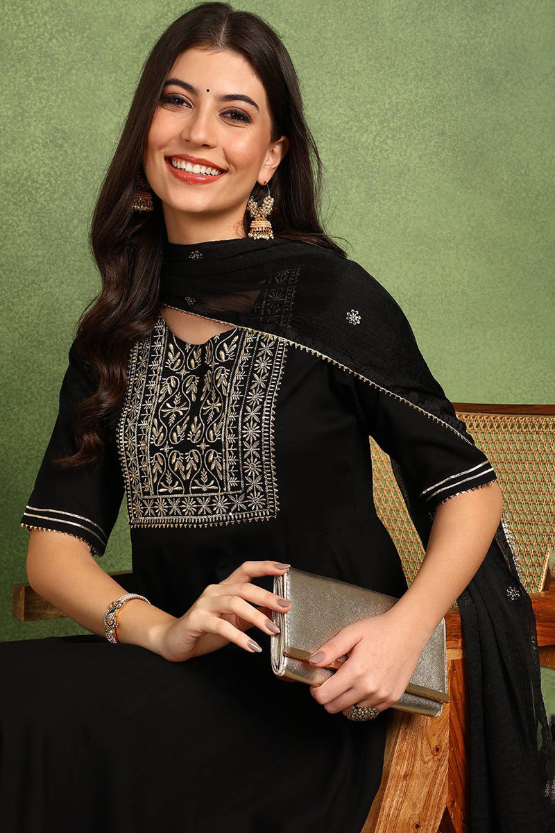 Black Silk Blend Anarkali Yoke Design Kurta Pant With Dupatta VKSKD1782