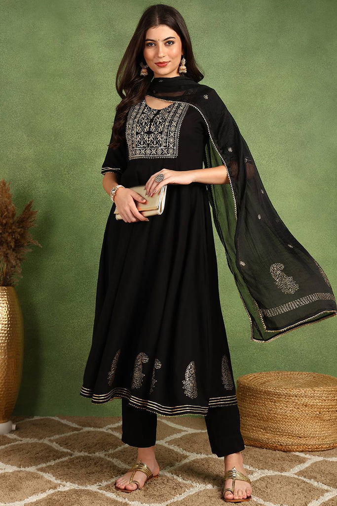 Black Silk Blend Anarkali Yoke Design Kurta Pant With Dupatta VKSKD1782