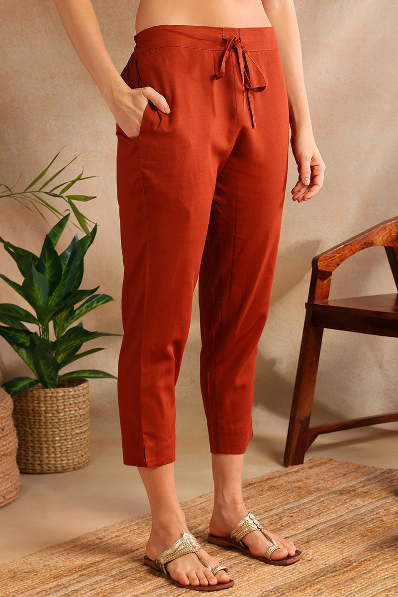 Burnt Orange Cotton Straight Suit Set VKSKD1797