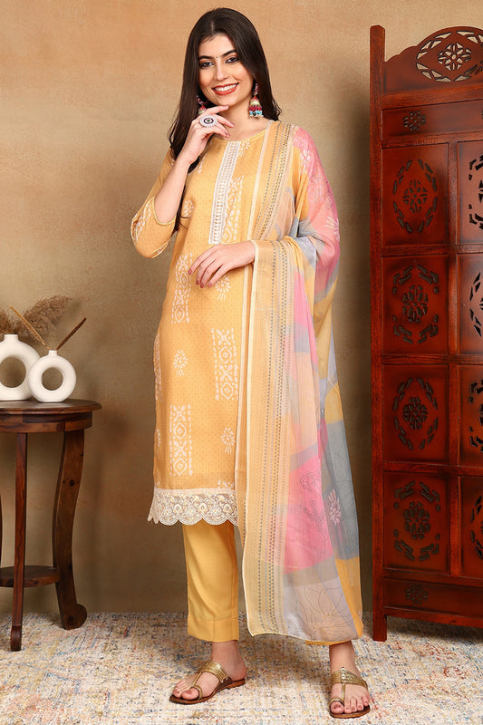 Yellow Silk Blend Straight Suit Set VKSKD1833