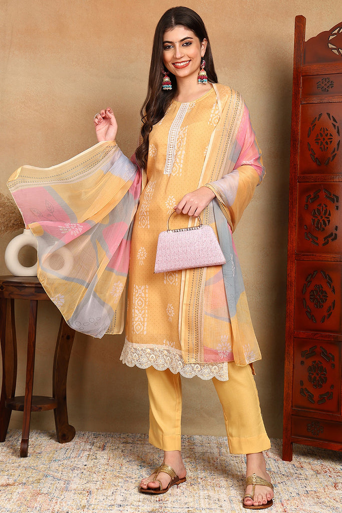 Yellow Silk Blend Straight Suit Set VKSKD1833