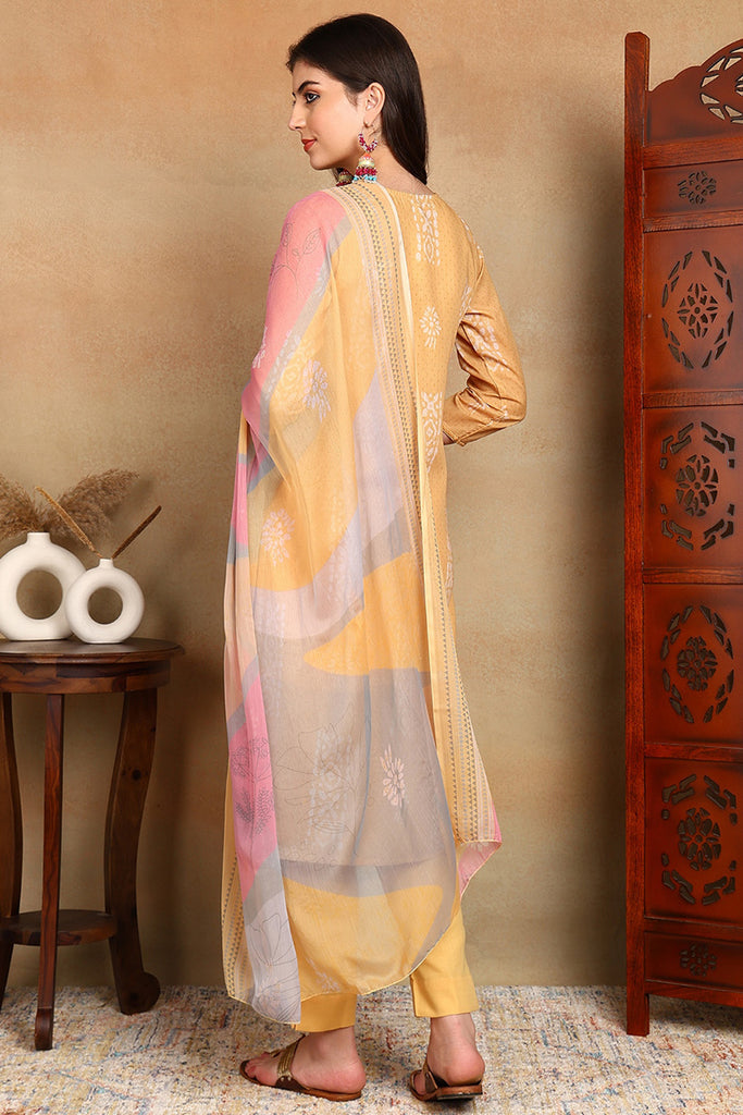 Yellow Silk Blend Straight Suit Set VKSKD1833