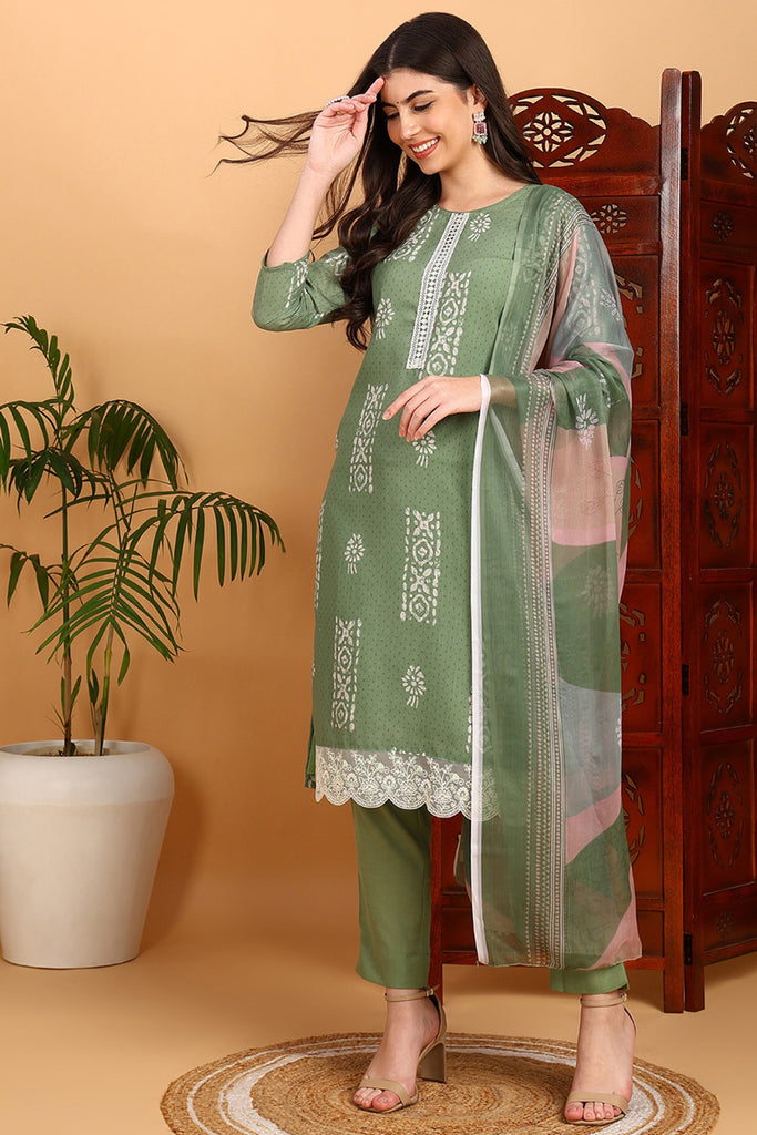 Sea Green Silk Blend Straight Suit Set VKSKD1835