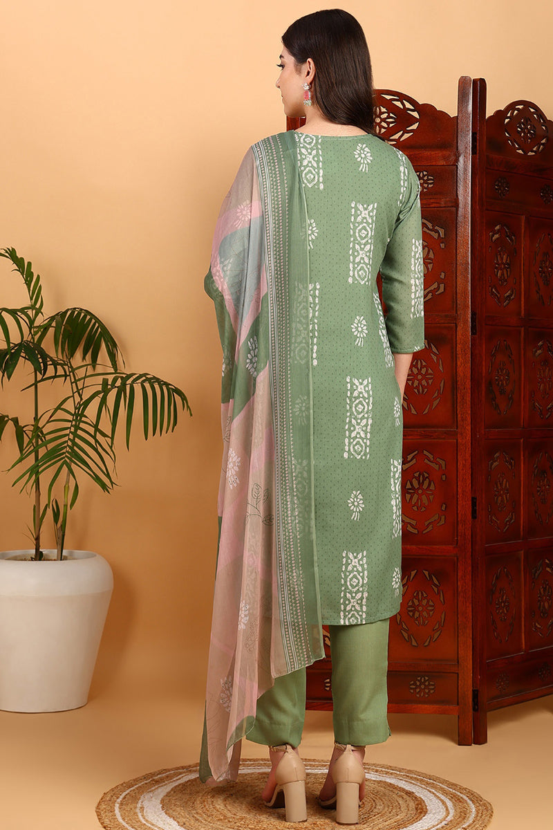 Sea Green Silk Blend Straight Suit Set VKSKD1835