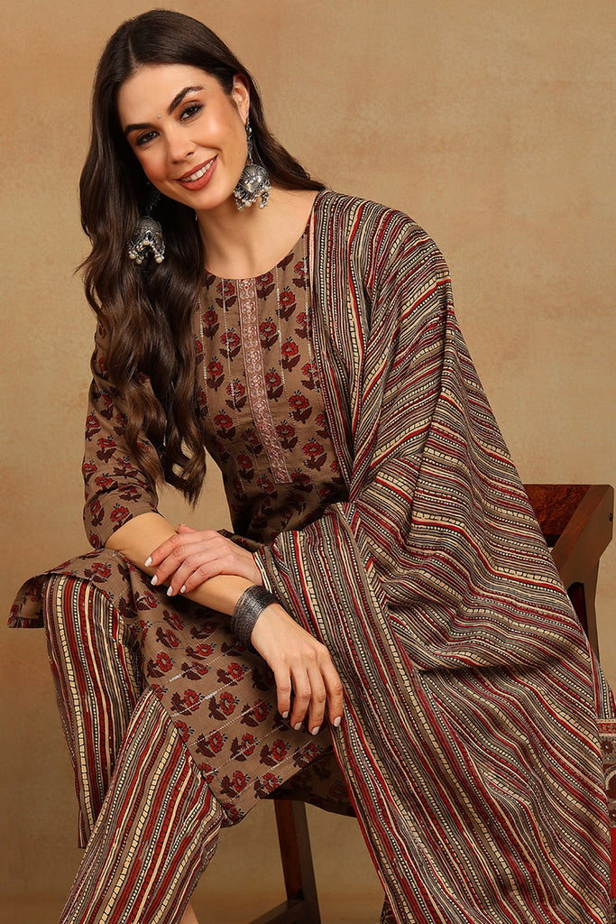 Cotton Beige Printed Straight Kurta Pant With Dupatta VKSKD1850