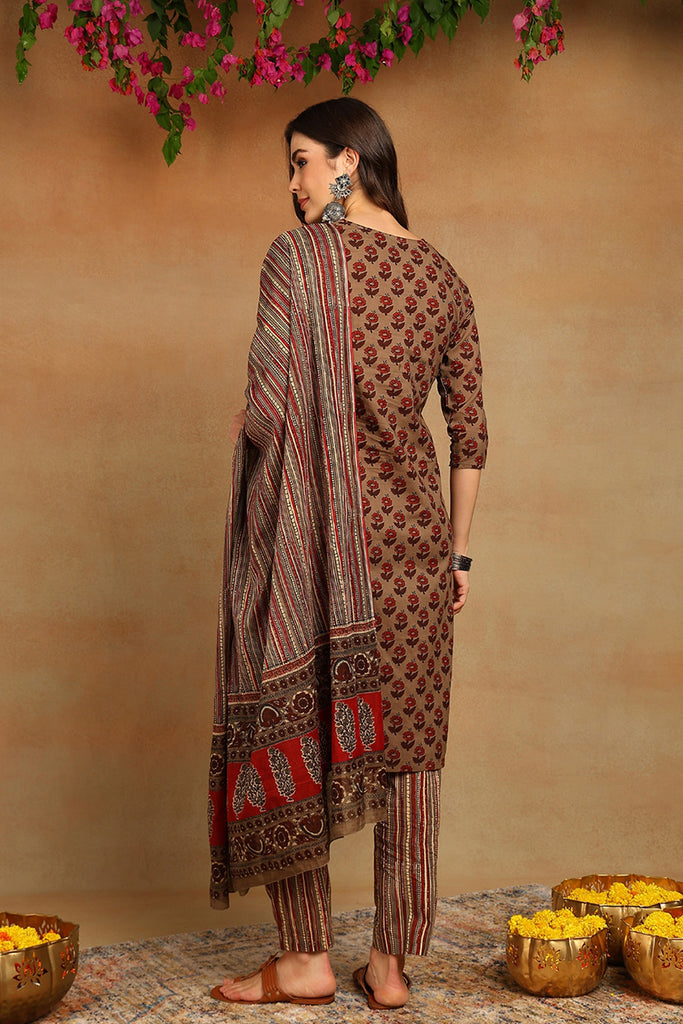 Cotton Beige Printed Straight Kurta Pant With Dupatta VKSKD1850