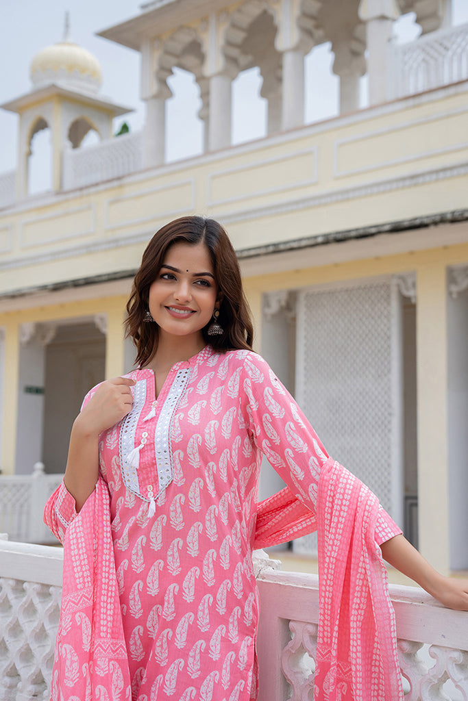 Cotton Pink Printed Straight Kurta Pant With Dupatta VKSKD1851