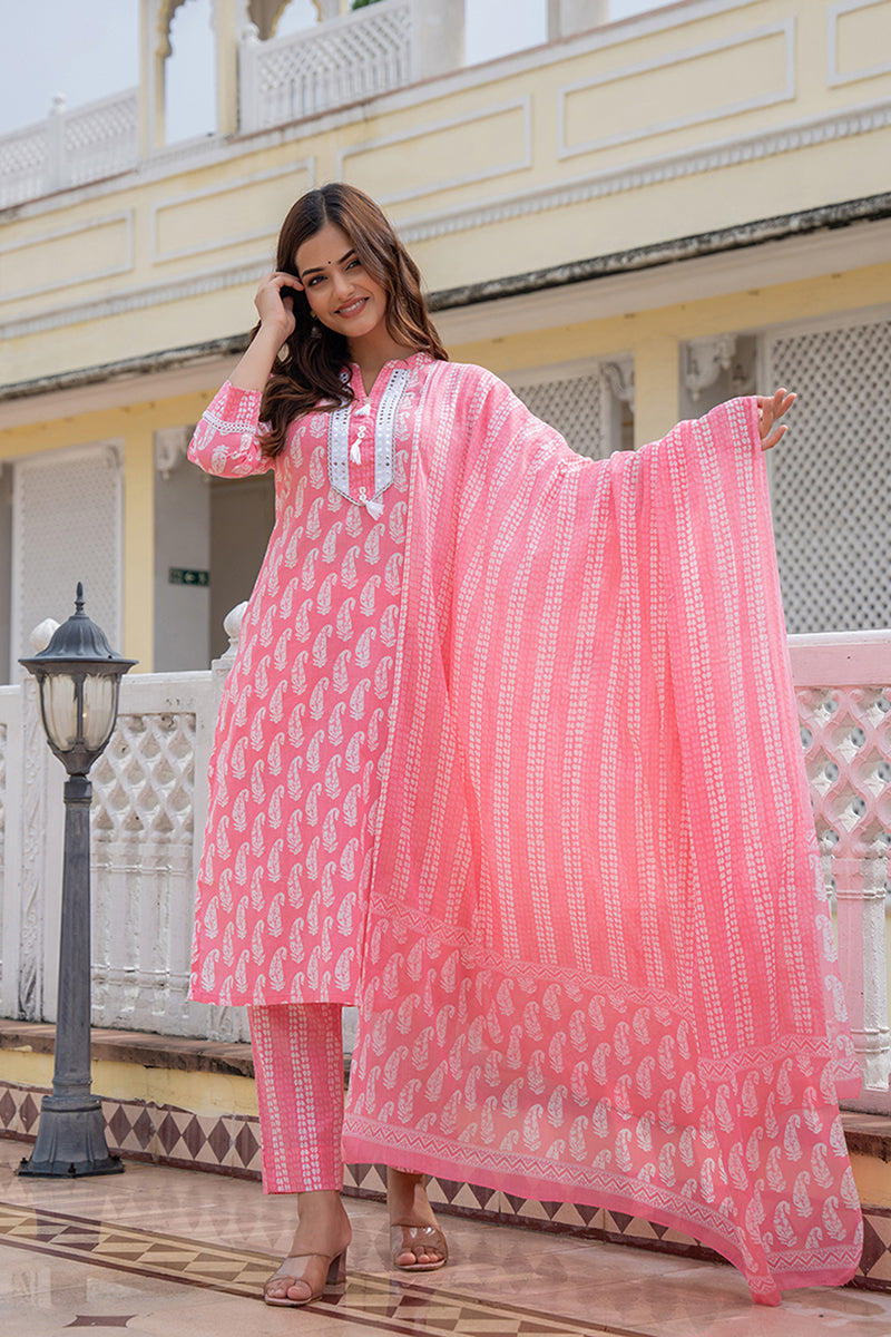 Cotton Pink Printed Straight Kurta Pant With Dupatta VKSKD1851