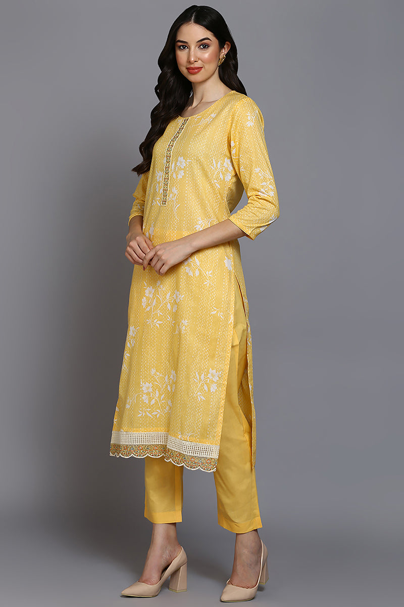 Yellow Cotton Blend Ethnic Motifs Printed Straight Suit Set VKSKD1880