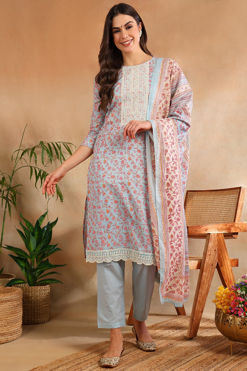 Blue Cotton Blend Floral Straight Suit Set VKSKD1902