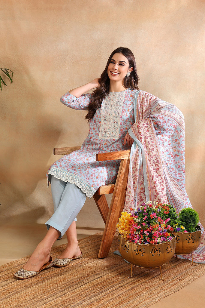 Blue Cotton Blend Floral Straight Suit Set VKSKD1902