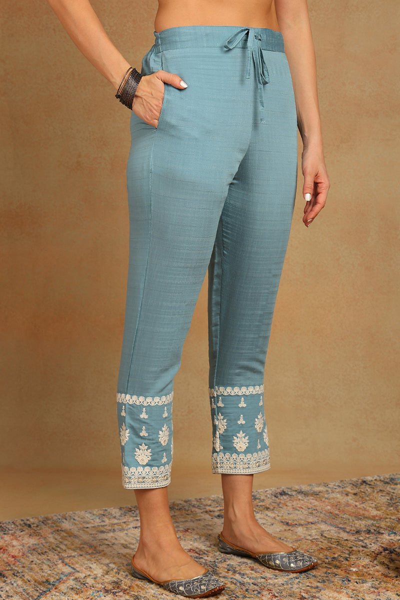 Blue Silk Blend Solid Embroidered Straight Trouser Suit Set VKSKD1982