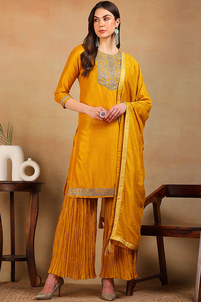 Yellow Silk Blend Solid Embroidered Straight Suit Set VKSKD1984