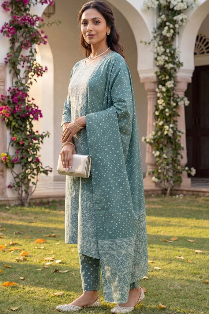 Green Pure Cotton Bandhani Printed Straight Suit Set VKSKD1985