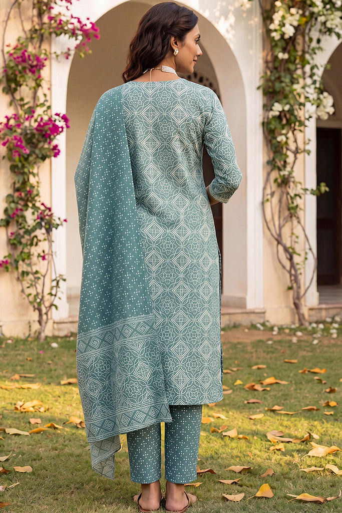 Green Pure Cotton Bandhani Printed Straight Suit Set VKSKD1985