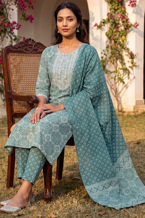 Green Pure Cotton Bandhani Printed Straight Suit Set VKSKD1985