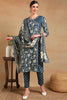 Blue Pure Cotton Floral Printed Straight Angrakha Suit Set VKSKD2084