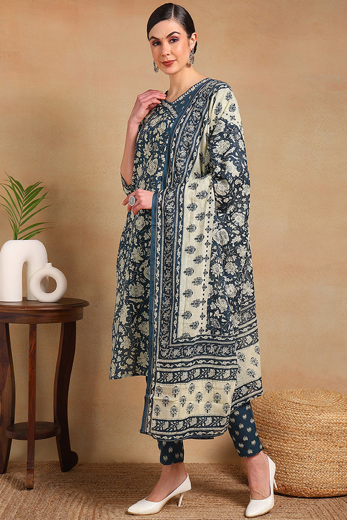 Blue Pure Cotton Floral Printed Straight Angrakha Suit Set VKSKD2084