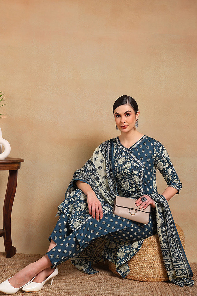 Blue Pure Cotton Floral Printed Straight Angrakha Suit Set VKSKD2084