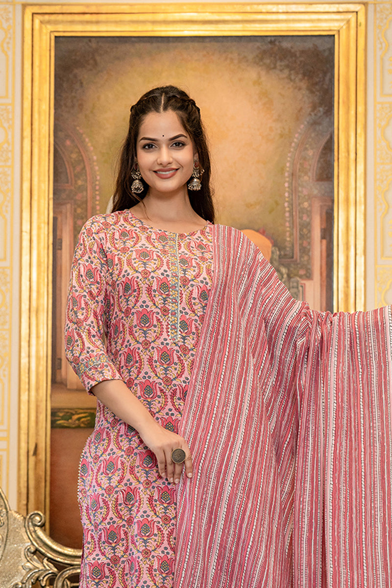 Pink Rayon Blend Ethnic Motifs Printed Straight Suit Set VKSKD2100