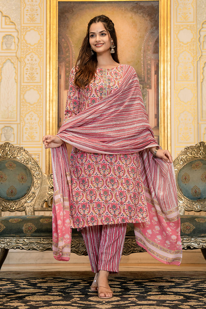 Pink Rayon Blend Ethnic Motifs Printed Straight Suit Set VKSKD2100