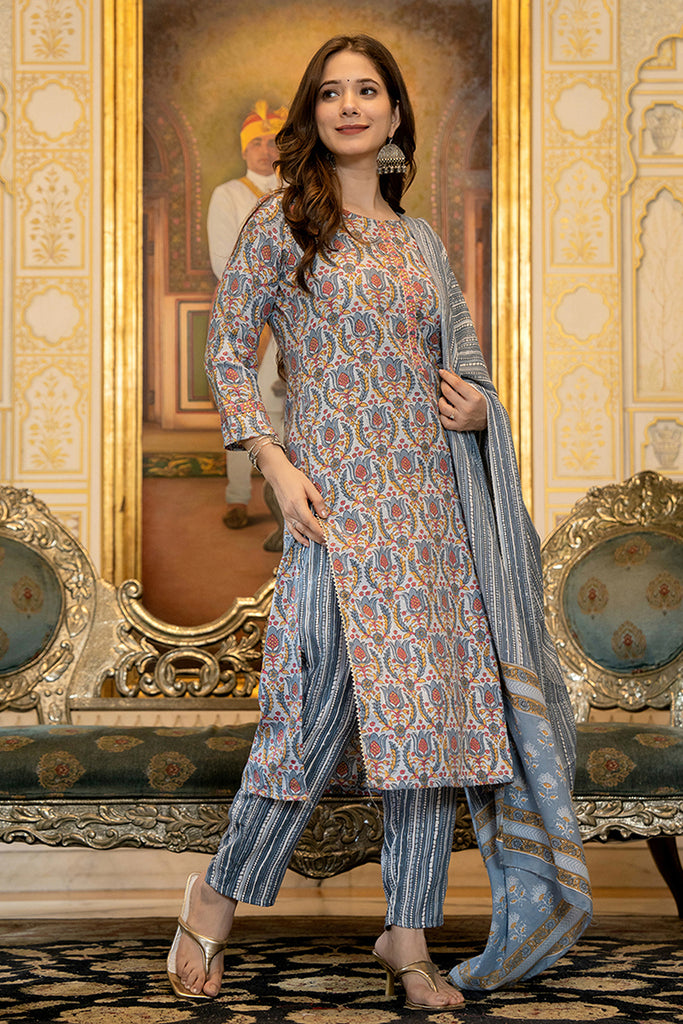 Grey Rayon Blend Ethnic Motifs Printed Straight Suit Set VKSKD2101