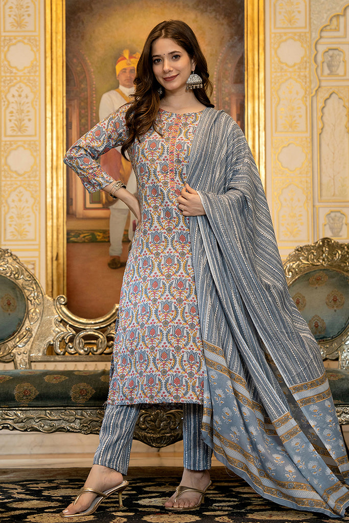 Grey Rayon Blend Ethnic Motifs Printed Straight Suit Set VKSKD2101