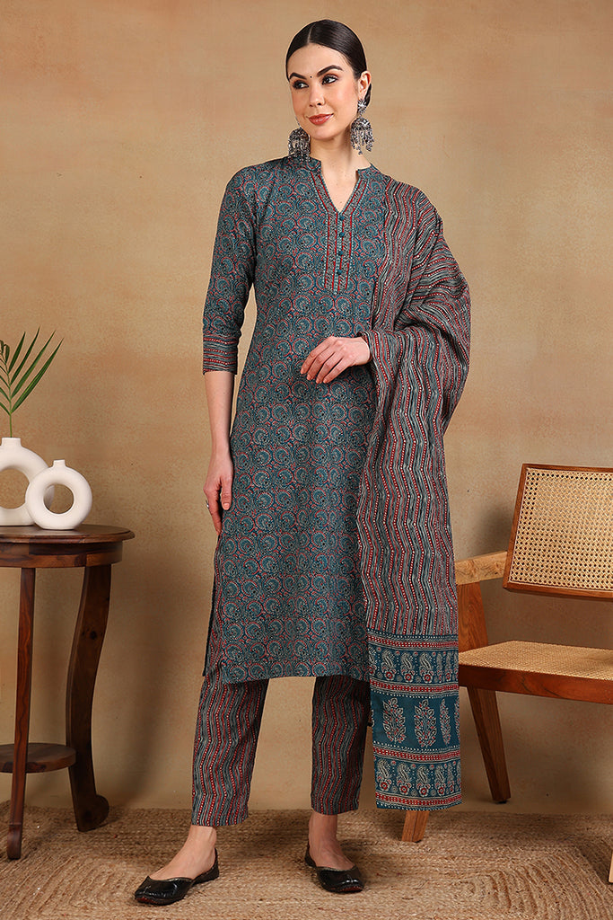 Teal Rayon Blend Ethnic Motifs Printed Straight Suit Set VKSKD2127A