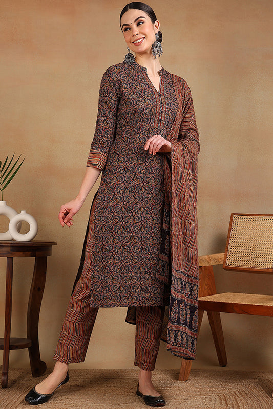 Navy Blue Rayon Blend Ethnic Motifs Printed Straight Suit Set VKSKD2128A