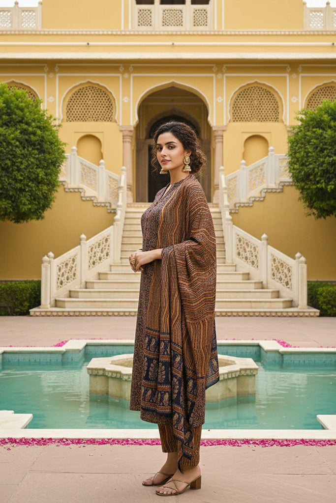 Navy Blue Rayon Blend Ethnic Motifs Printed Straight Suit Set VKSKD2128A