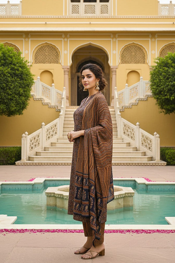 Navy Blue Rayon Blend Ethnic Motifs Printed Straight Suit Set VKSKD2128A