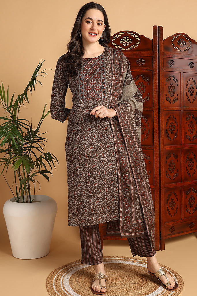 Brown Pure Cotton Floral Printed Suit Set VKSKD2146