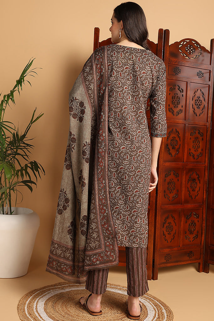 Brown Pure Cotton Floral Printed Suit Set VKSKD2146