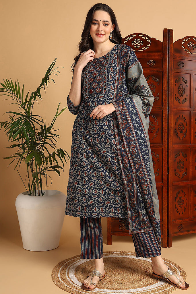 Blue Pure Cotton Floral Printed Suit Set VKSKD2147