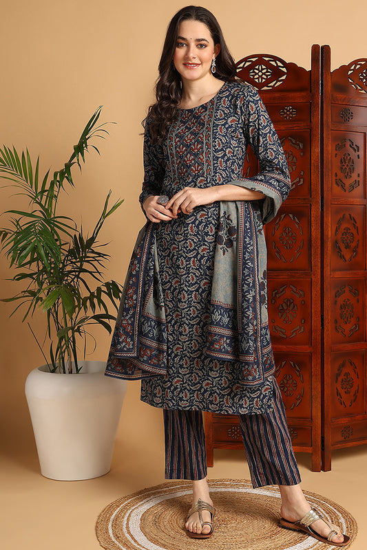 Blue Pure Cotton Floral Printed Suit Set VKSKD2147