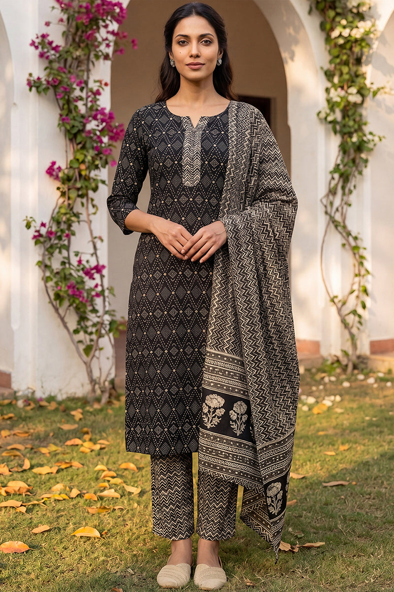 Black Rayon Blend Geometric Printed Straight Suit Set VKSKD2151