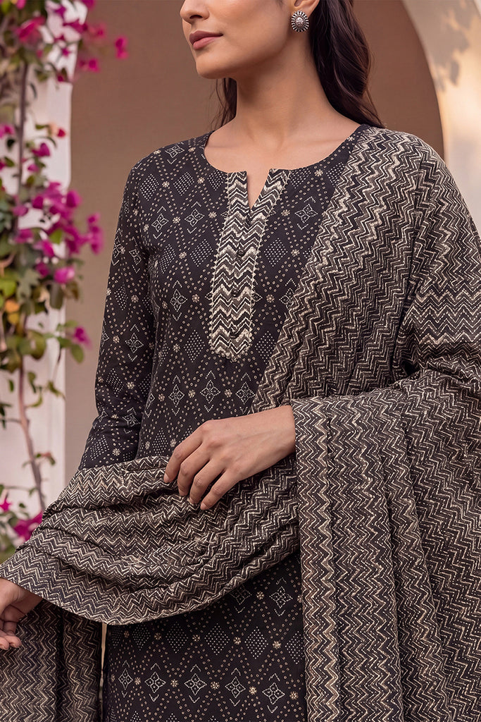 Black Rayon Blend Geometric Printed Straight Suit Set VKSKD2151