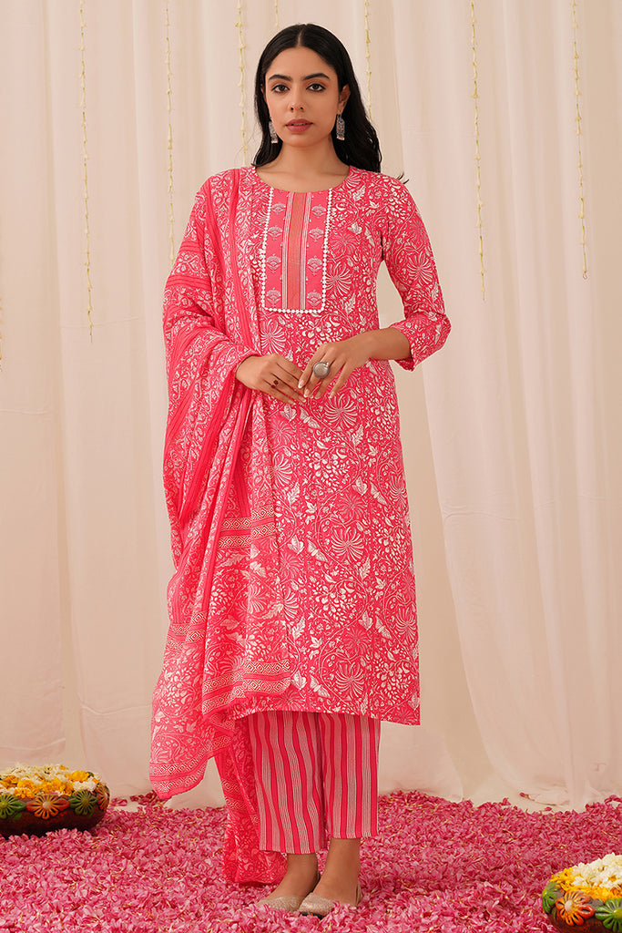 Pink Rayon Blend Floral Printed Straight Suit Set VKSKD2157