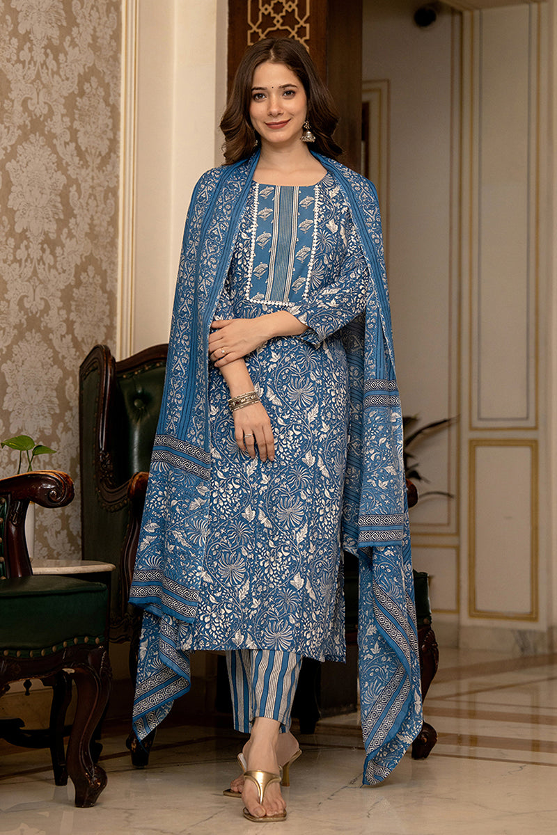 Blue Rayon Blend Floral Printed Straight Suit Set VKSKD2158