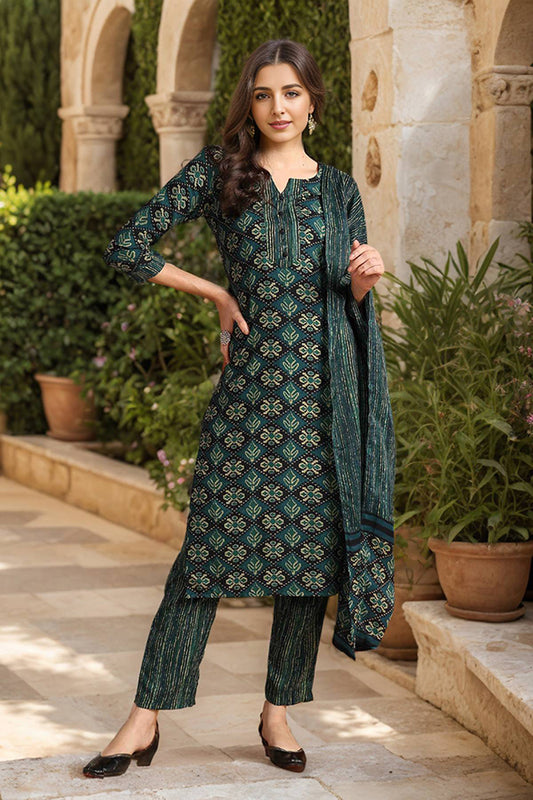 Green Rayon Blend Ethnic Motifs Printed Straight Suit Set VKSKD2166