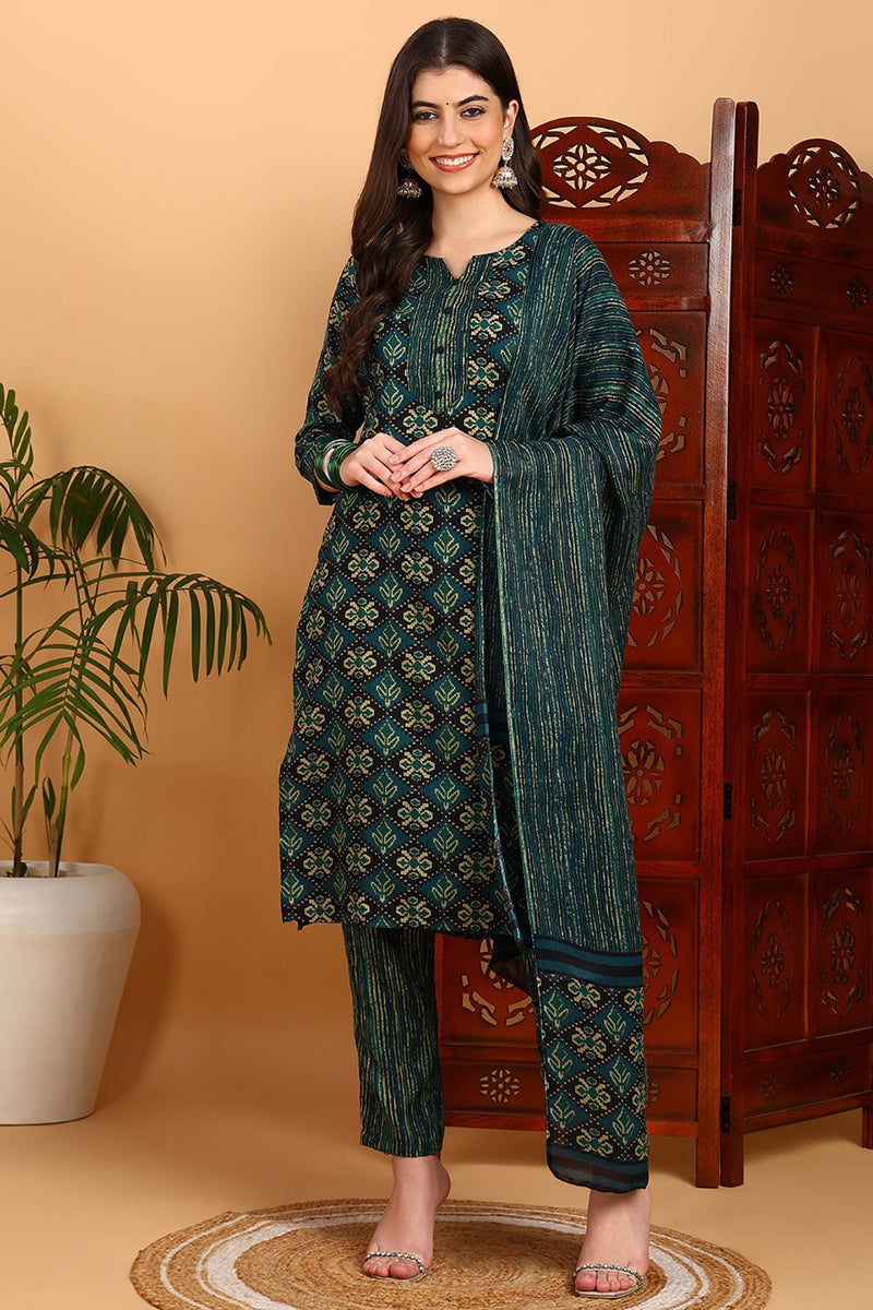 Green Rayon Blend Ethnic Motifs Printed Straight Suit Set VKSKD2166