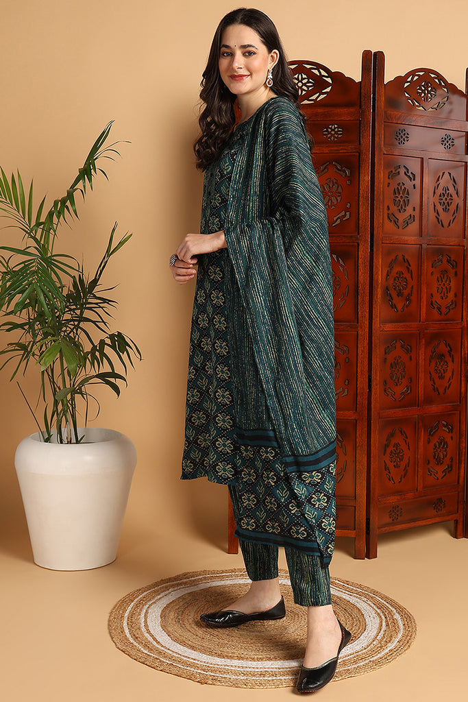 Green Rayon Blend Ethnic Motifs Printed Straight Suit Set VKSKD2166