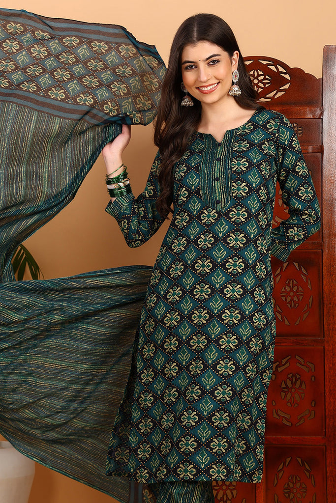 Green Rayon Blend Ethnic Motifs Printed Straight Suit Set VKSKD2166