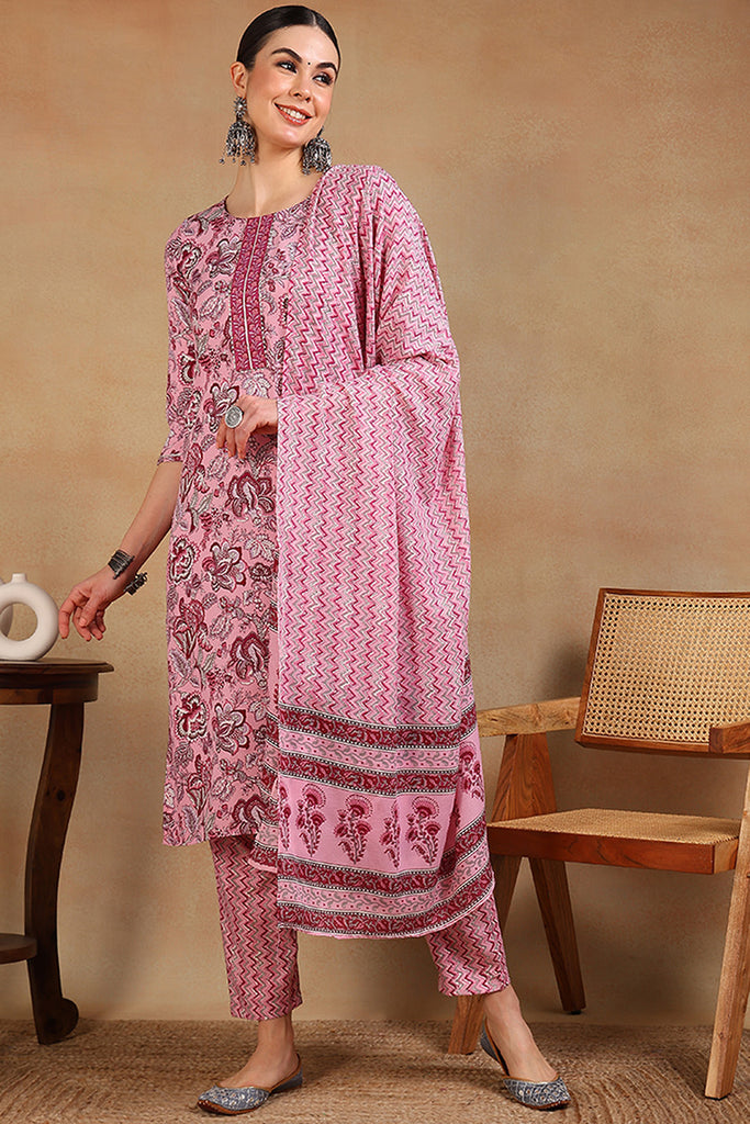 Pink Rayon Blend Floral Printed Straight Suit Set VKSKD2168