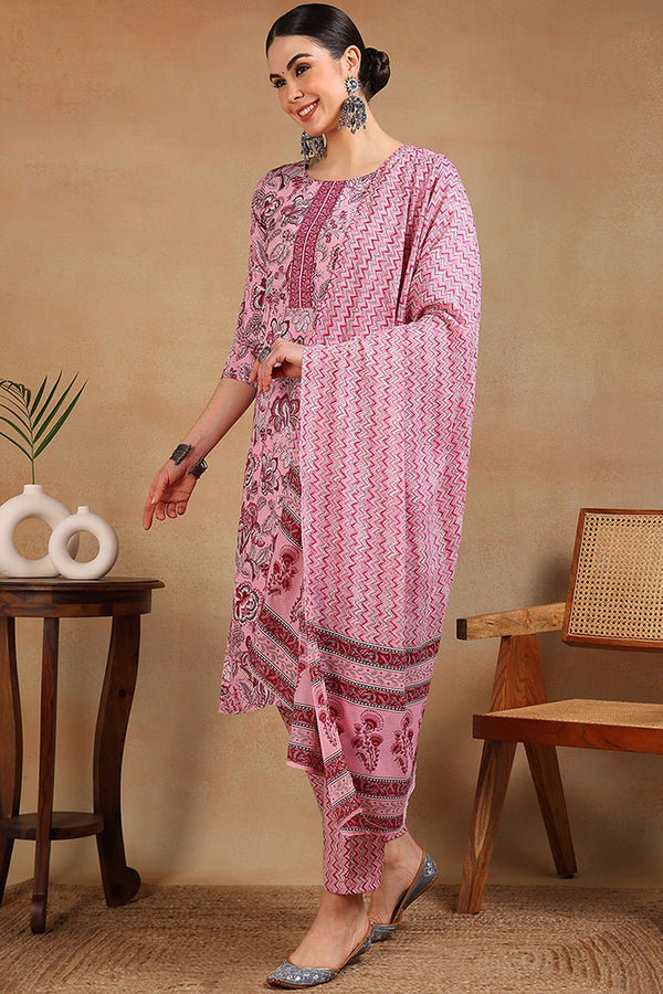 Pink Rayon Blend Floral Printed Straight Suit Set VKSKD2168