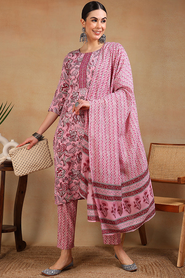 Pink Rayon Blend Floral Printed Straight Suit Set VKSKD2168