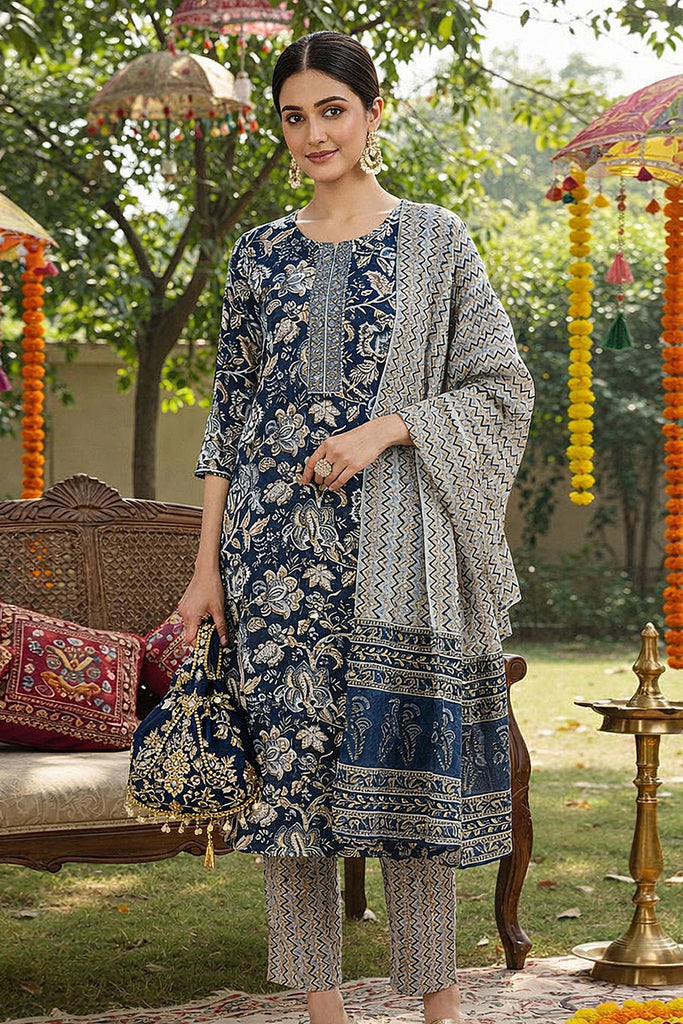 Blue Rayon Blend Floral Printed Straight Suit Set VKSKD2169