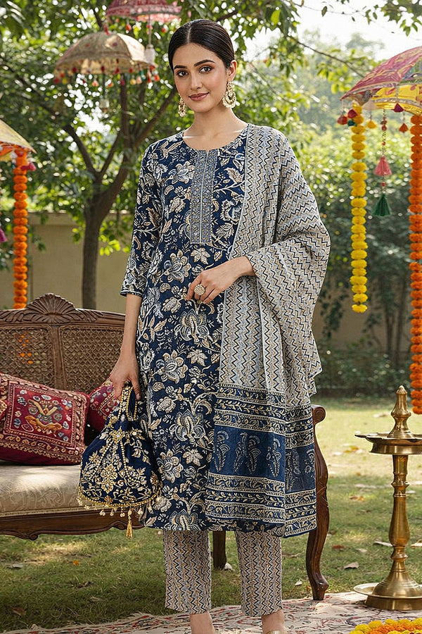 Blue Rayon Blend Floral Printed Straight Suit Set VKSKD2169